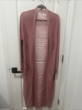 Open-Front Dusty Rose Long Cardigan with Ripped Back Size Large